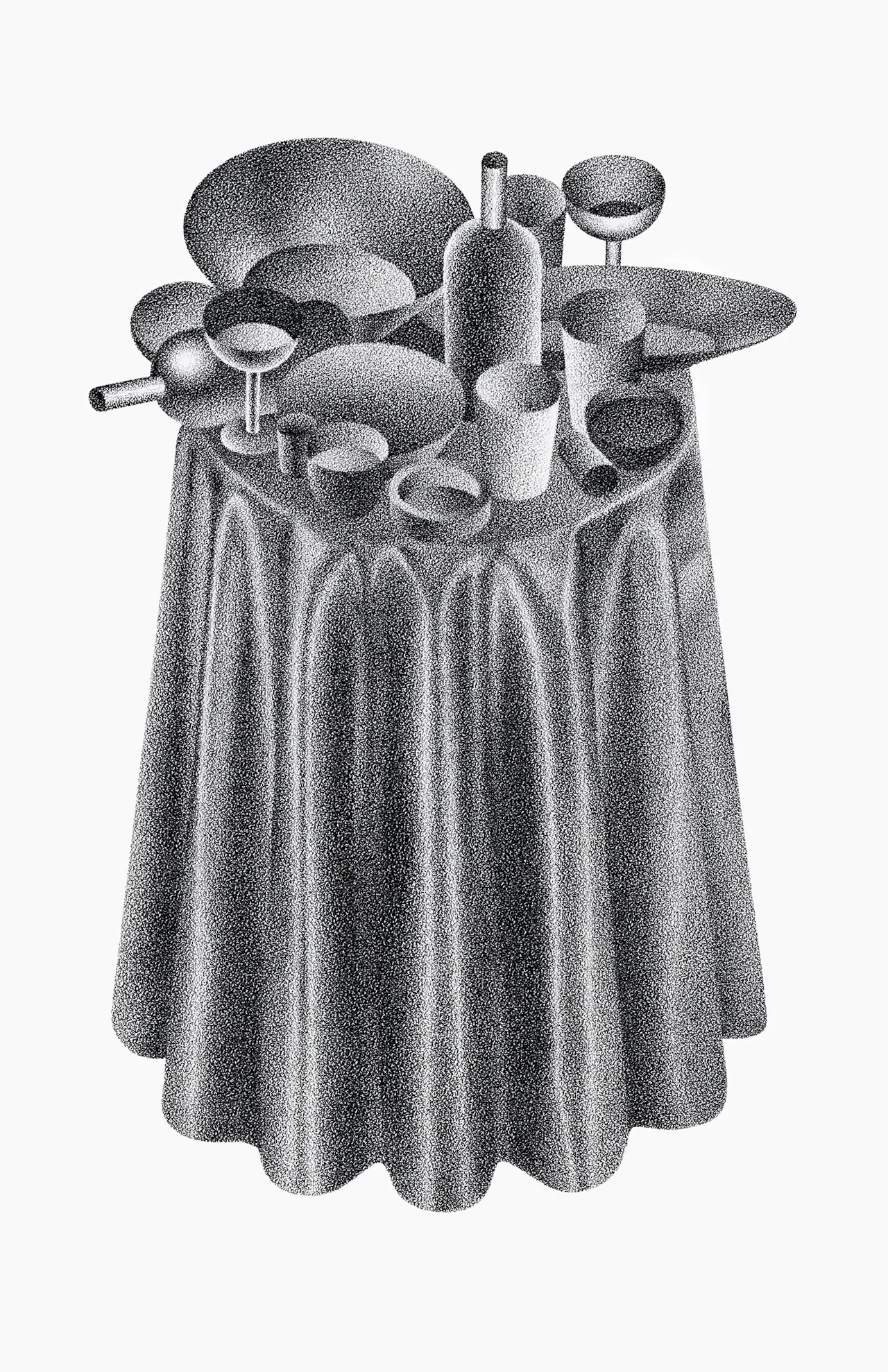 Drawing of a table covered in tableware in wax pencil on paper
