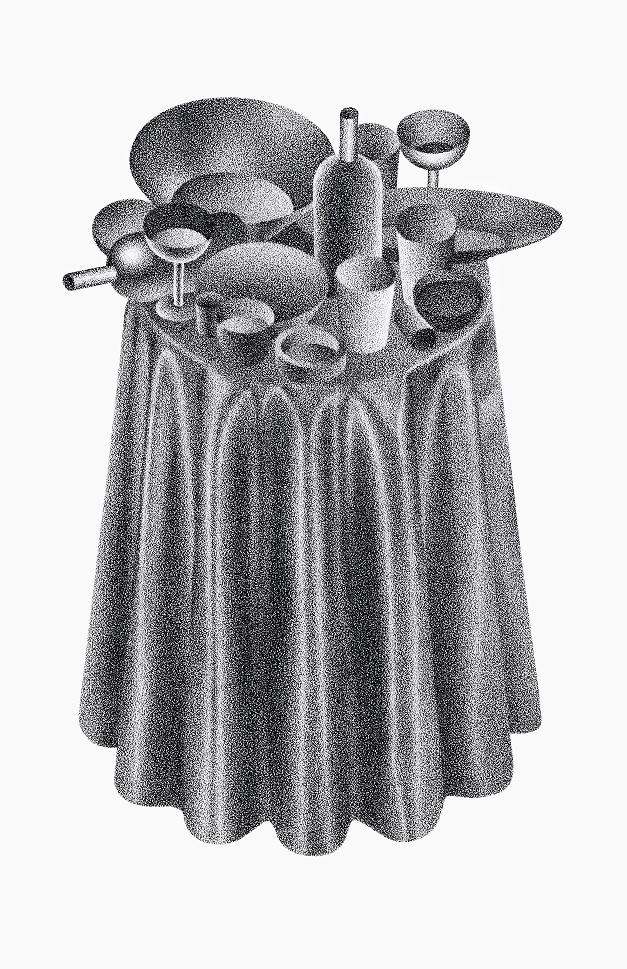 Drawing of a table covered in tableware in wax pencil on paper