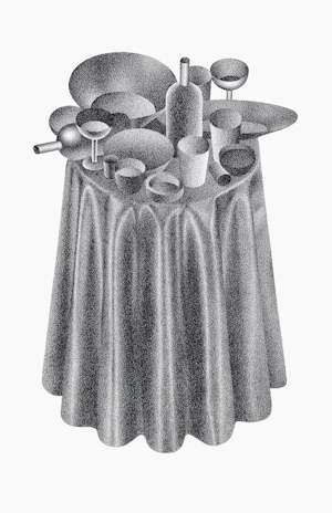 Drawing of a table covered in tableware in wax pencil on paper