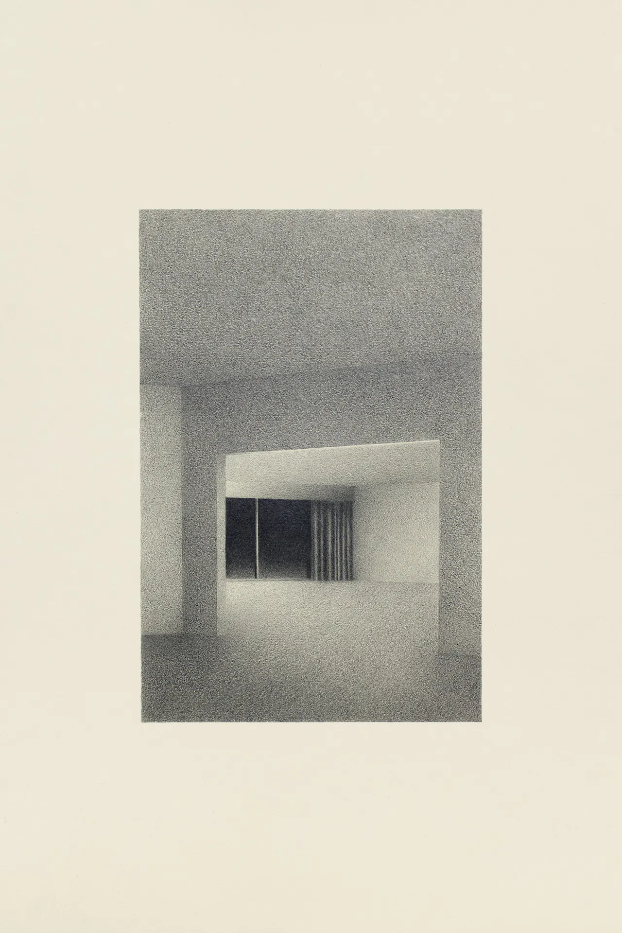 Drawing of an imaginary interior space in pencil on paper