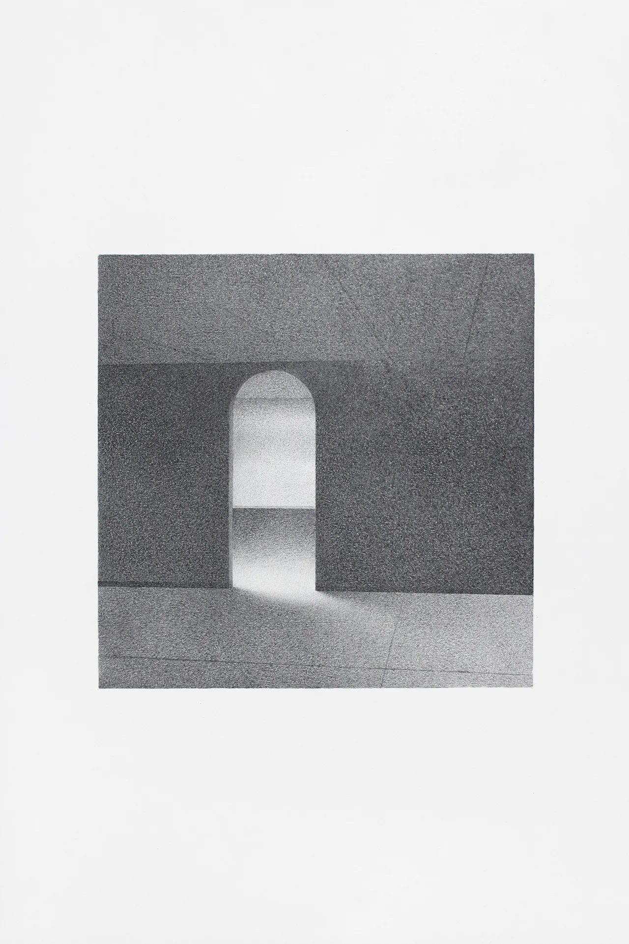 Drawing of an imaginary interior space in pencil on paper