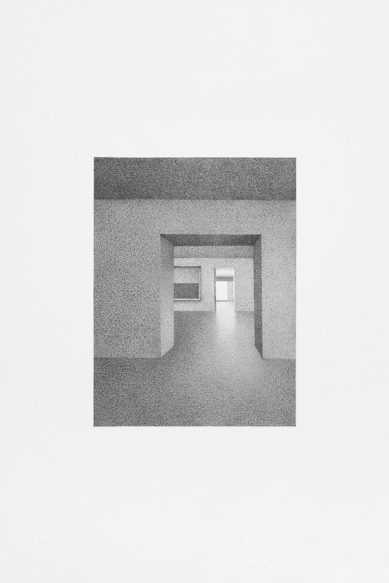 Drawing of an imaginary interior space in pencil on paper