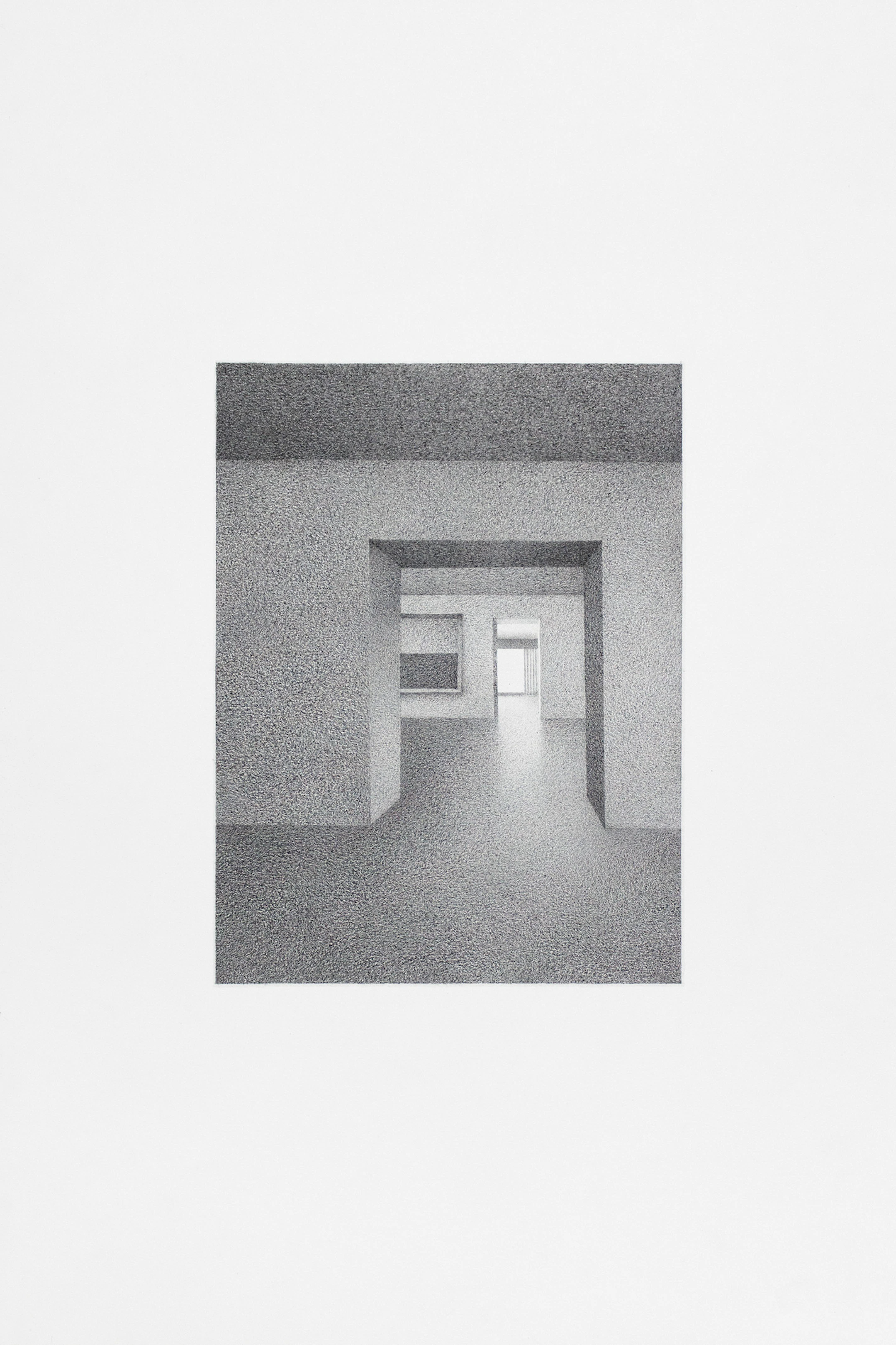 Drawing of an imaginary interior space in pencil on paper