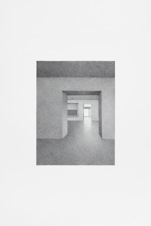 Drawing of an imaginary interior space in pencil on paper